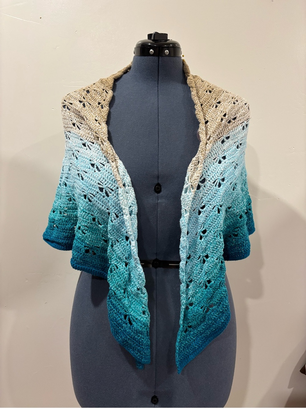 Handcrafted Gradient Crochet poncho in Beige and Teal